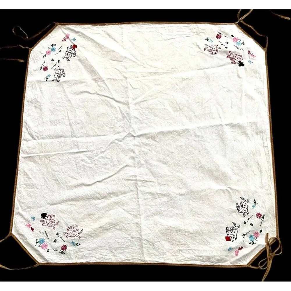 Vintage Dog Embroidered Card Table Cover Tablecloth Bridge Tie Corners Suits